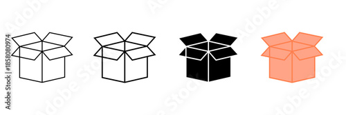 Set of minimalist open box icons with transparent background, depicting delivery, packaging, and shipping symbols for e-commerce, logistics, and storage, vector illustration