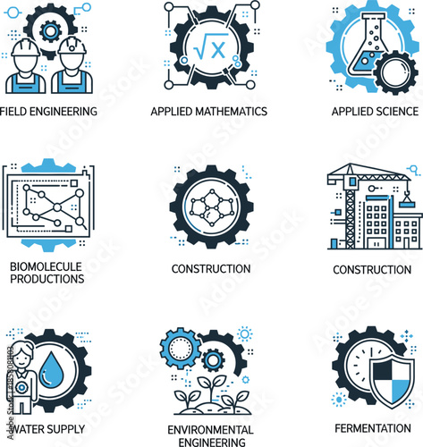 фотографія Professional STEM icon set featuring field engineering applied mathematics science biomolecule production and environmental engineering for technical education