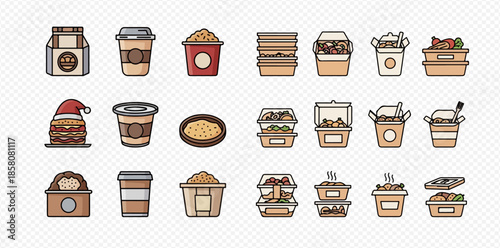 Collection of various take-out and delivery food containers and beverages, including coffee cups and meal boxes.