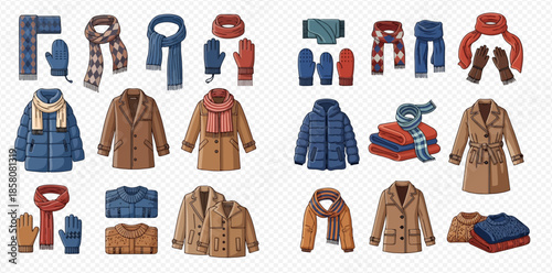 Collection of winter clothes including coats, jackets, scarves, mittens, and sweaters for cold weather.