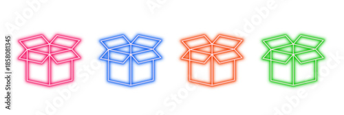 Neon glowing open box vector icons set, delivery, shipping, package, product, storage, e-commerce, glowing colorful digital design.