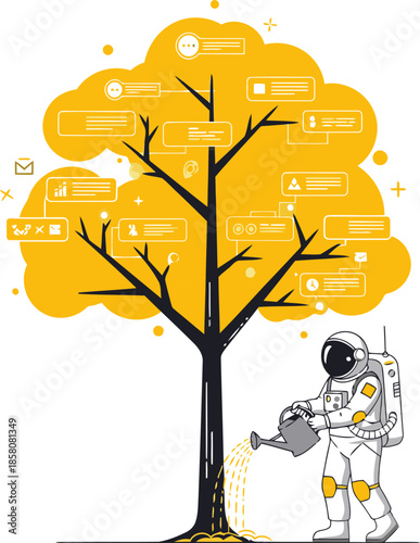 An astronaut nurtures a tree of ideas, symbolizing growth and vision. A vibrant, optimistic illustration perfect for business and innovation concepts.