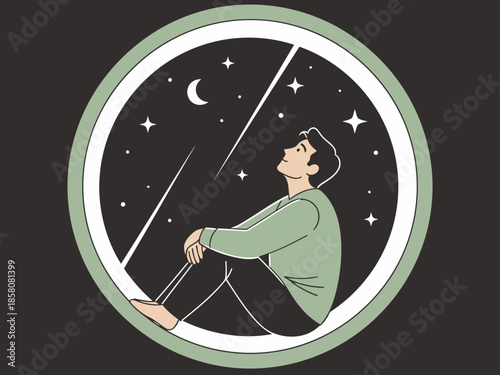 A young man finds peace in solitude, gazing at a starry night sky. A serene illustration evokes calm and reflection. Perfect for wellness and lifestyle themes.