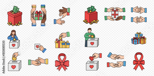 Collection of charity and donation icons, including gift boxes, hands exchanging items, and donation boxes with hearts.