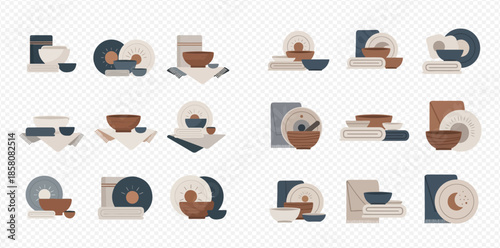 Collection of various kitchenware and tableware items, including plates, bowls, and dishes, in a flat design style.