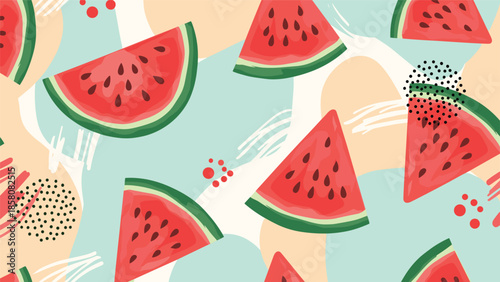 A vibrant and abstract seamless summer pattern with juicy watermelon slices set against a background of colorful, modern, and artistic brush strokes.