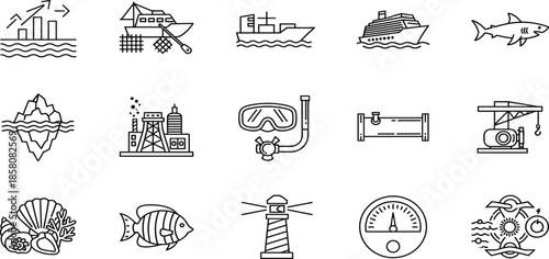 Marine industry and ocean activity line icon set featuring ships oil rigs navigation fishing equipment underwater exploration symbols