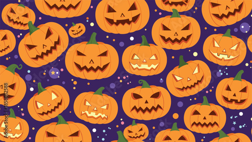 A spooky and fun seamless Halloween pattern filled with a variety of carved jack-o'-lantern pumpkins with different evil and scary faces on a dark background.