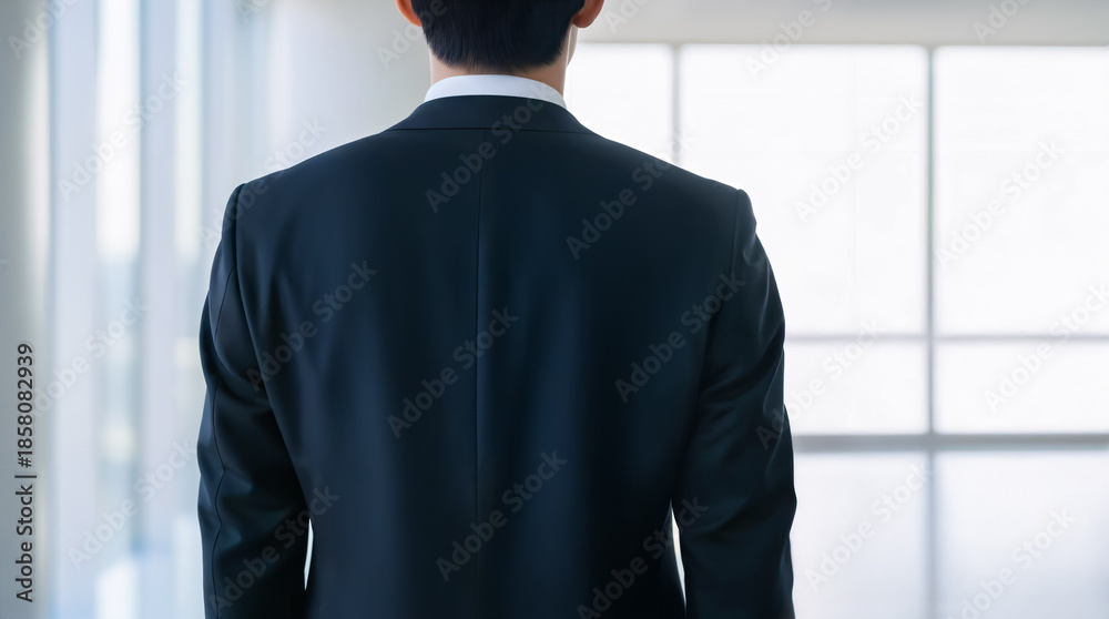 Fototapeta premium Rear View of Japanese Businessman Standing by Window Business Concept