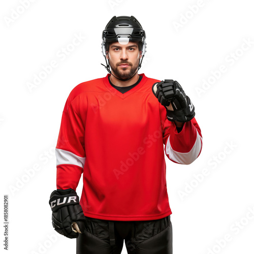 Adult Male Ice Hockey Player in Red Jersey Ready for Game Action with Helmet and Gloves