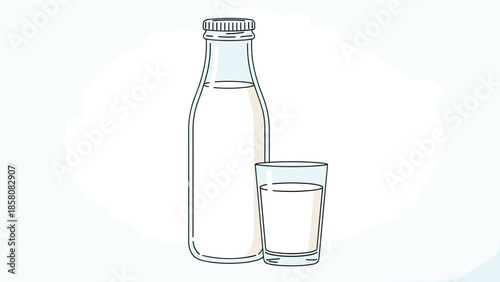 A simple and clean line art illustration of a glass bottle of milk and a full glass, set against a subtle, light blue, watercolor-style background.