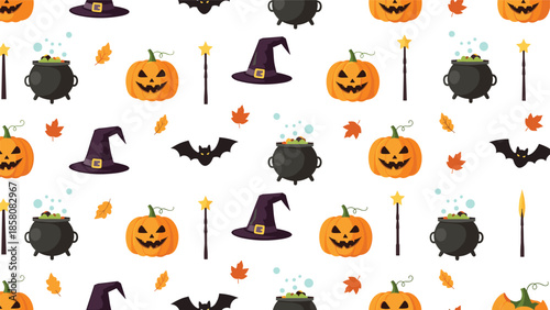 A cute and festive seamless Halloween pattern featuring cartoon jack-o'-lanterns, witch hats, bats, cauldrons, and magic wands on a white background.