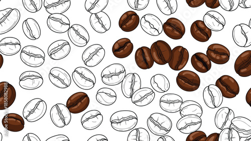 A stylish and modern seamless pattern of roasted brown coffee beans and black and white line art beans scattered across a clean white background.