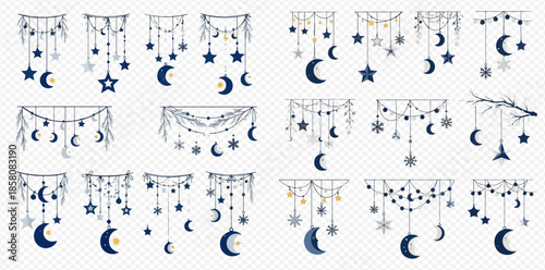 Set of decorative garlands with moons and stars, celestial elements for festive design.