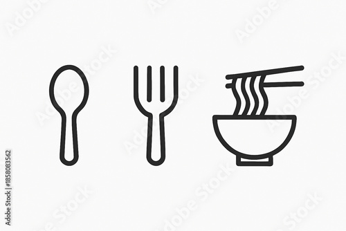spoon, fork, and noodle icon set, minimalist flat design, simple clean shapes, monochrome style, isolated on white background, modern food symbol, UI icon 