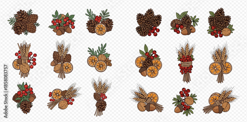Set of various winter holiday decorations featuring pine cones, dried oranges, berries, and wheat bundles.