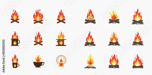 Collection of various campfire and fire icons for outdoor activities and warmth.