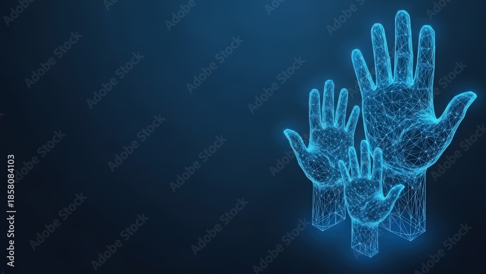 Naklejka premium Digital hands raised together in a blue polygonal network representing teamwork and participation