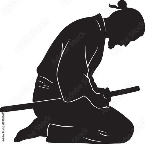 Black Silhouette of Martial Artist Kneeling and Bowing with Katana