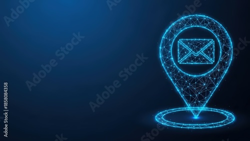Digital location pin with email symbol illuminated on dark blue background