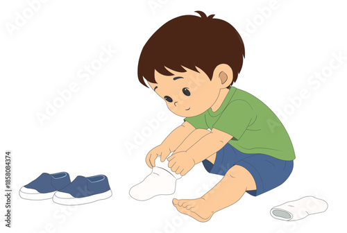 Child Independence Activity Illustration showing a child sitting on the floor putting on socks.