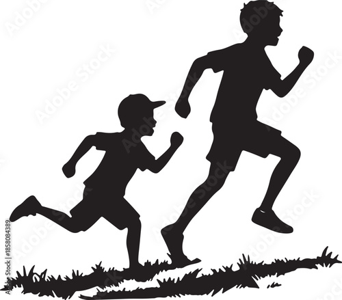 Two boys running silhouette, youth exercise and fitness concept vector graphic.