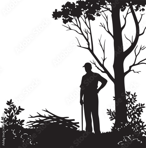 Black Silhouette of Worker or Gardener in Woods with Tree and Brushwood