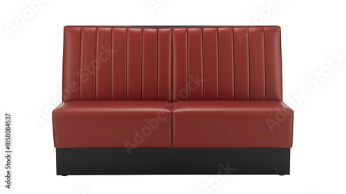 Red leather booth in modern minimalist style with vertical channel tufting in soft studio lighting for restaurant interior design
