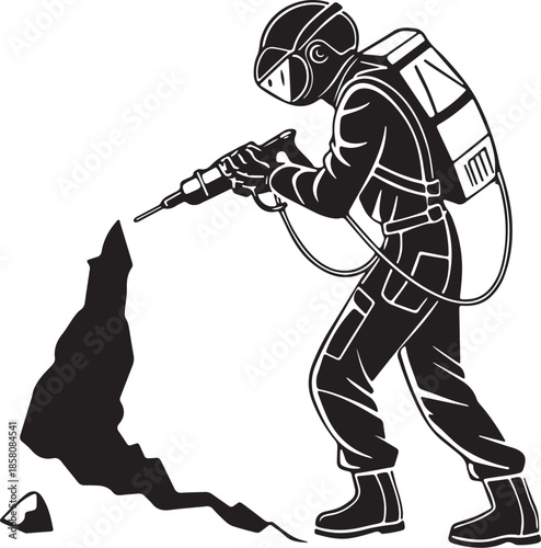 Silhouette of Miner or Construction Worker with Jackhammer Drilling Rock