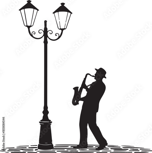 Jazz Musician Playing Saxophone Silhouette Under Vintage Street Lamp