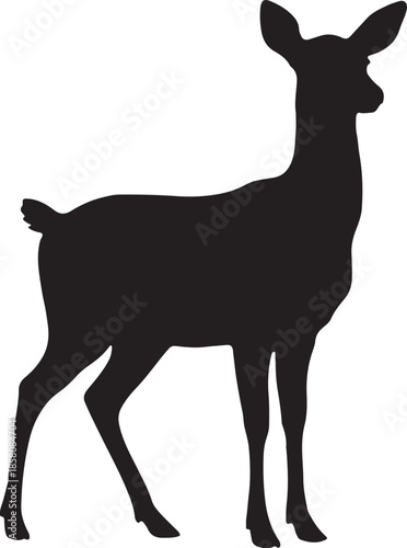 Black Deer Silhouette Standing, Isolated on White Background