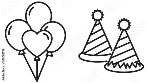 Vector line art set of party balloons and festive birthday celebration hats