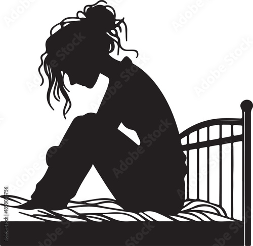 Depressed Woman Silhouette Sitting Alone on Bed Vector Illustration