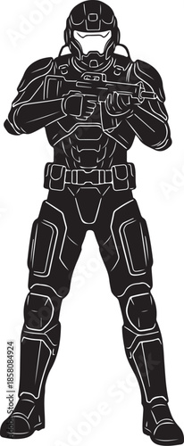 Futuristic armored soldier with rifle black silhouette vector illustration