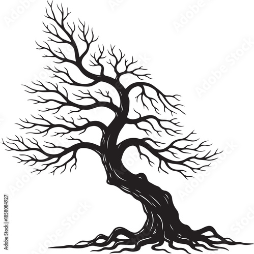 Black Silhouette of an Ancient Twisted Bare Tree with Roots Design
