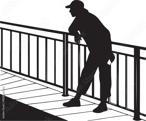 Man in cap leaning on railing silhouette vector illustration
