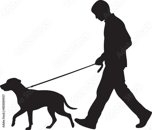 Black silhouette of a person walking a dog on a leash isolated on white