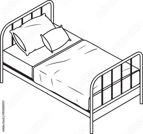 Isometric line art of a single bed with metal frame, pillows, and bedding