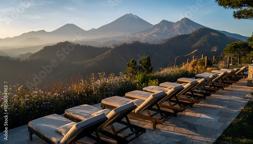 Serene Mountain Resort Landscape with Sunrise Over Lush Valleys and Lounge Chairs Bathed in Golden Light
