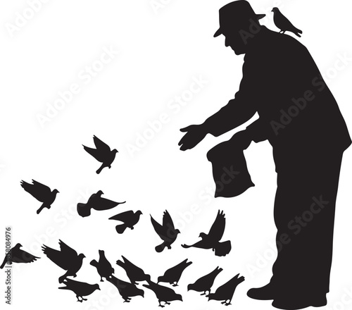 Vector silhouette of man feeding pigeons, bird on shoulder, isolated white.