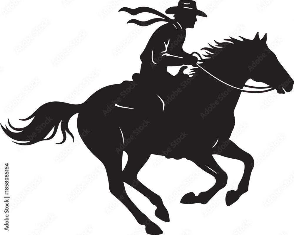 Fototapeta premium Cowboy Riding Horse Silhouette - Western Rodeo Rider Icon Vector