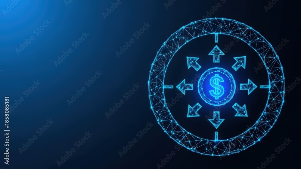 Obraz premium Digital network surrounding a glowing dollar symbol indicating financial investment and economic growth