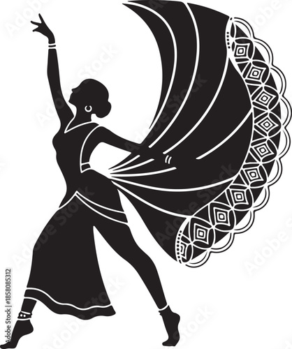 Black Silhouette of Traditional Dancer with Flowing Sari Vector Illustration