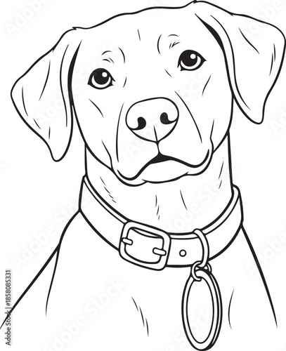 Outline drawing of a Labrador Retriever mix dog face with collar and tag.