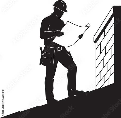Construction Worker Silhouette Reviewing Blueprint on Building Site