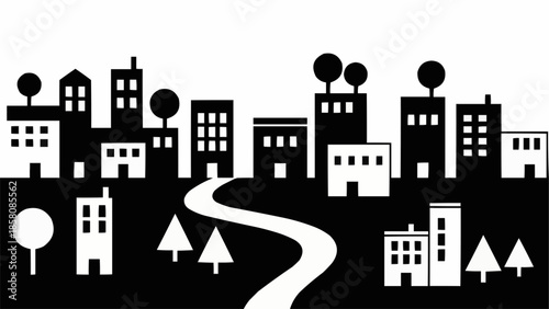 Stylized Cityscape Silhouette with Buildings and Trees.