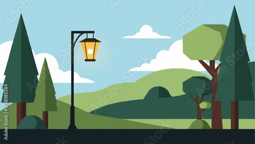 Street lamp in a park with trees and hills.