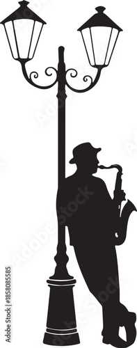 Black Silhouette of Musician Playing Saxophone Against Vintage Lamp Post
