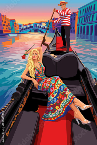 Elegant Woman on Venetian Gondola at Sunset