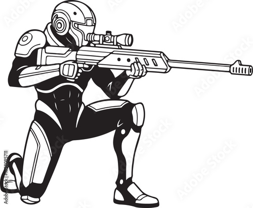 Sci-fi armored soldier kneeling with sniper rifle black and white vector